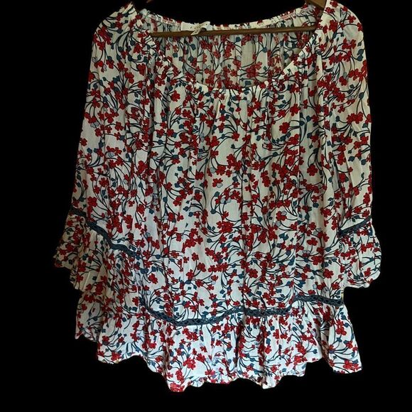 Fever boho floral peasant blouse with 3/4 length sleeves women’s size medium - Picture 1 of 9